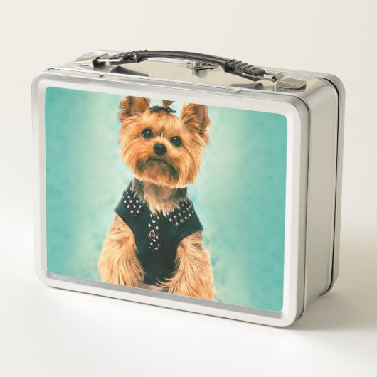 水彩画の芸術のヨークシャテリア メタルランチボックス (裏面)