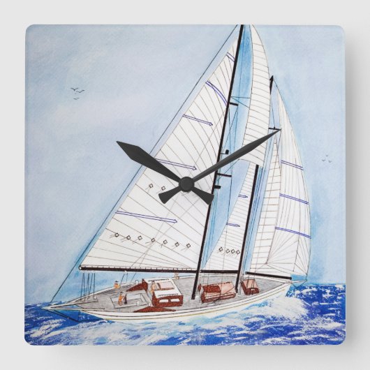 水彩画の芸術の外洋のヨット スクエア壁時計 (正面)