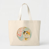 水彩画の茶色のぶち猫のピンクの花 ラージトートバッグ (正面)