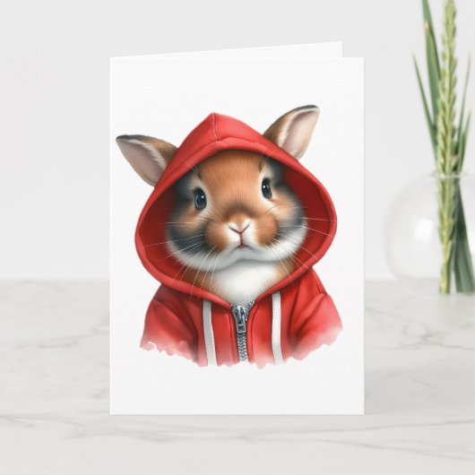 水彩画の茶色のウサギが赤いフードを着ている カード (正面)