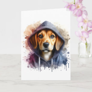 水彩画の茶色の犬がフードをかぶったスプラッタアート カード