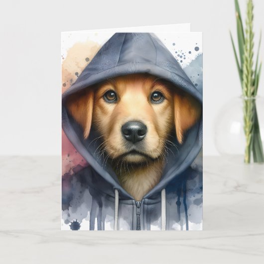水彩画の茶色の犬がフードを着たスプラッタ カード (正面)