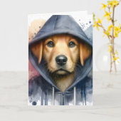 水彩画の茶色の犬がフードを着たスプラッタ カード (黄色い花)