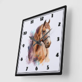 水彩画の茶色の馬の顔の肖像画 スクエア壁時計 (傾斜)