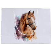 水彩画の茶色の馬の顔の肖像画 ラージペーパーバッグ (裏面)