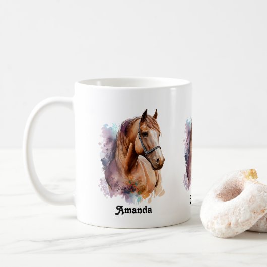 水彩画の茶色の馬の顔の肖像 コーヒーマグカップ (ドーナツ)