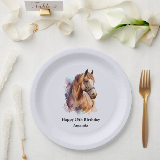 水彩画の茶色の馬の顔の誕生日 ペーパープレート (ウェディング)