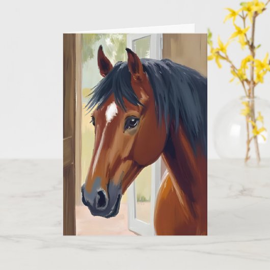 水彩画の茶色の馬 カントリー バーンカード カード (黄色い花)