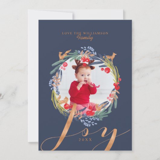 水彩画の華やかな紅葉のリースとキツネの写真 シーズンカード (正面)