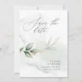 水彩画の葉とメタリックゴールドのウェディング セーブザデート (正面)