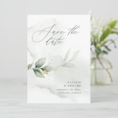 水彩画の葉とメタリックゴールドのウェディング セーブザデート (スタンド正面)