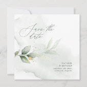 水彩画の葉とメタリックゴールドのウェディング セーブザデート (正面)