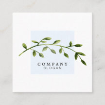 水彩画の葉のパステル調の青い正方形の名刺