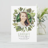 水彩画の葉のリースの写真の卒業 招待状 (スタンド正面)