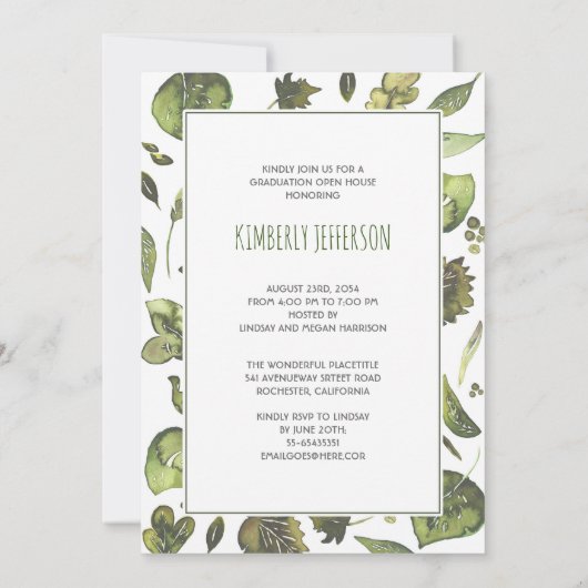 水彩画の葉のリースの写真の卒業 招待状 (裏面)