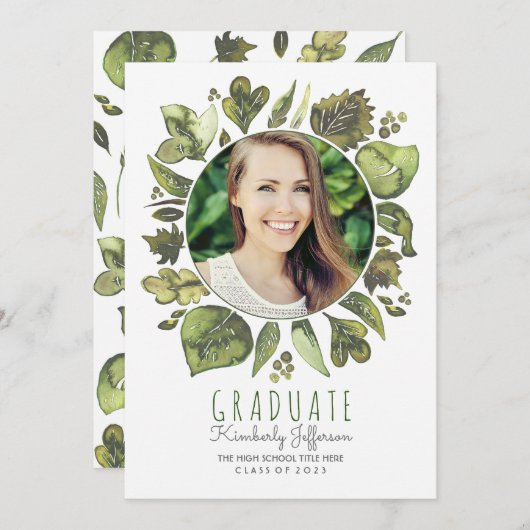 水彩画の葉のリースの写真の卒業 招待状 (正面/裏面)
