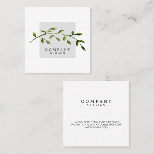 水彩画の葉の薄い灰色の正方形の名刺 スクエア名刺 (正面/裏面)