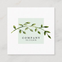 水彩画の葉の薄緑の正方形の名刺