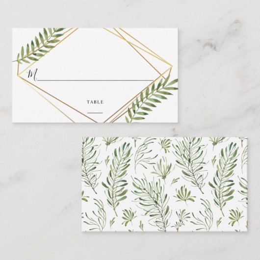 水彩画の葉の金ゴールドフレームの幾何学的でシックな結婚式 プレイスカード (正面/裏面)