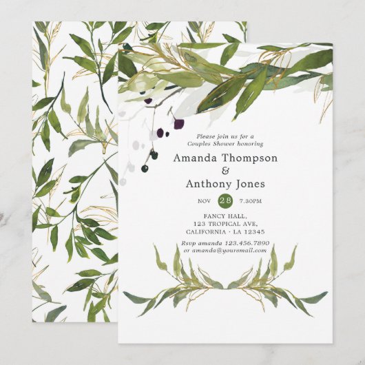 水彩画の葉緑の新郎新婦シャワー 招待状 (正面/裏面)