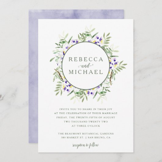 水彩画の藤のリースの結婚式招待状 招待状 (正面/裏面)
