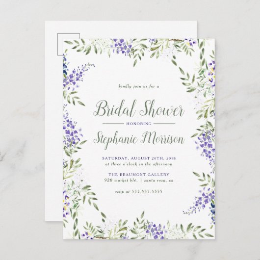 水彩画の藤フレームの花柄のブライダルシャワー インビテーションポストカード (正面/裏面)