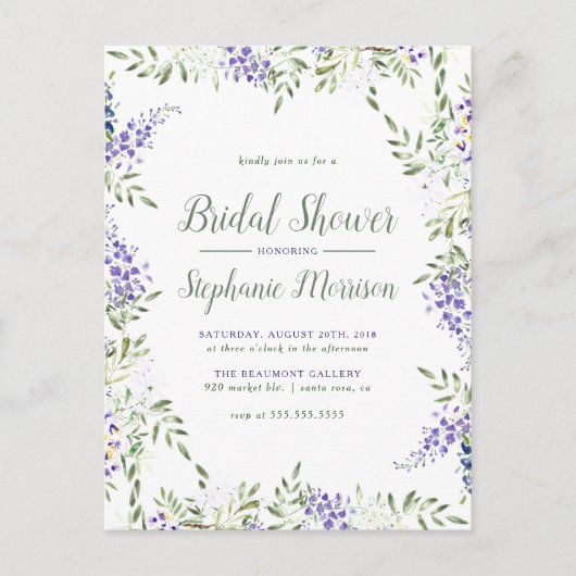 水彩画の藤フレームの花柄のブライダルシャワー インビテーションポストカード (正面)