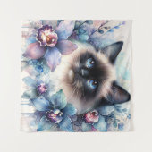 水彩画の蘭の花とシャム猫 タペストリー (正面(横))