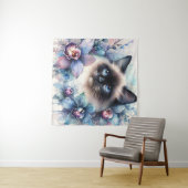 水彩画の蘭の花とシャム猫 タペストリー (インサイチュ(横))