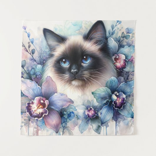 水彩画の蘭の花とシャム猫 タペストリー (正面)