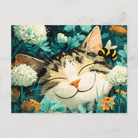 水彩画の蜂が眠る猫の花園 シーズンポストカード (正面)