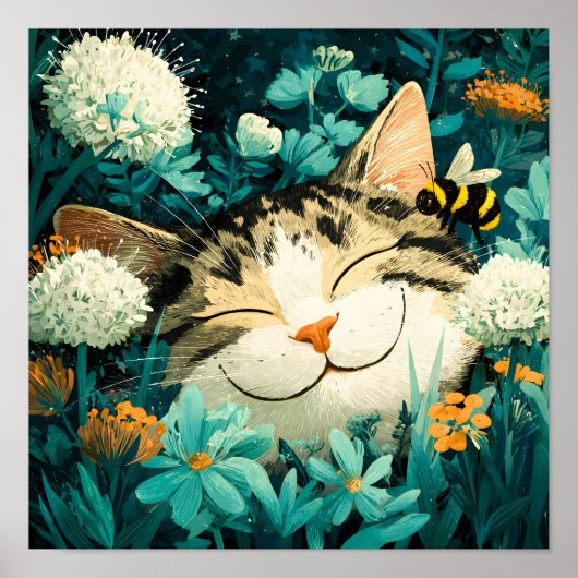 水彩画の蜂が眠る猫の花園 ポスター (正面)
