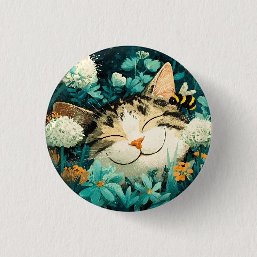 水彩画の蜂が眠る猫の花園 缶バッジ (正面)