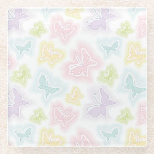 水彩画の蝶が付いている背景 ガラスコースター (正面)