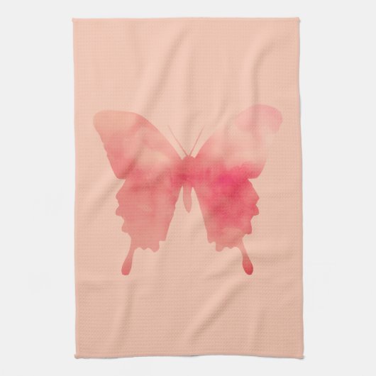水彩画の蝶-珊瑚およびモモ キッチンタオル (縦)
