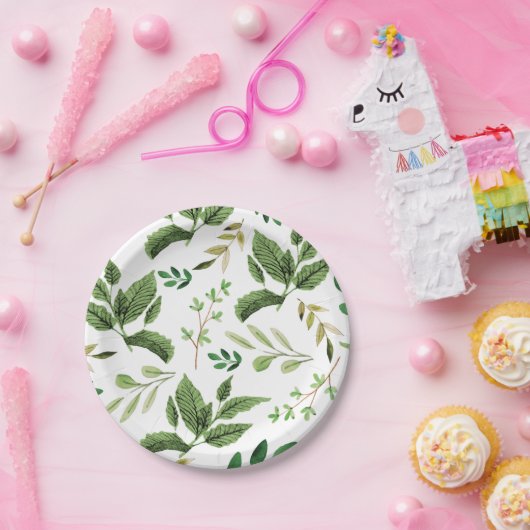 水彩画の許可の春の緑の草木の紙皿 ペーパープレート (パーティー)