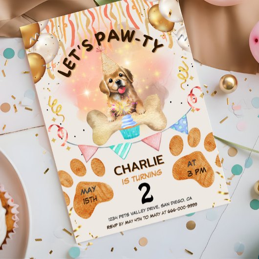水彩画の誕生日パーティー Let's Pawty 子犬 招待状
