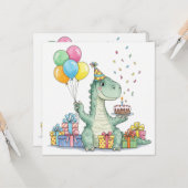 水彩画の誕生日恐竜パーティーハット カード (正面/裏面インサイチュ)
