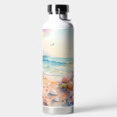水彩画の貝殻のあるビーチの風景 ウォーターボトル (左面)