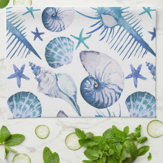 水彩画の貝 キッチンタオル (折り畳み)