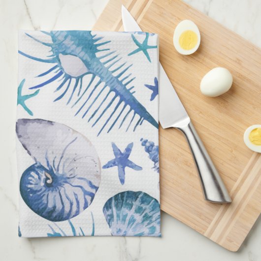 水彩画の貝 キッチンタオル (四つ折り)