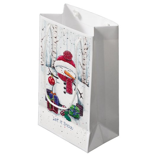 水彩画の贈り物を添えた雪だるま スモールペーパーバッグ (正面アングル)