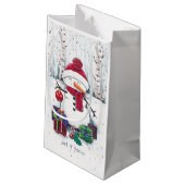 水彩画の贈り物を添えた雪だるま スモールペーパーバッグ (裏面アングル)