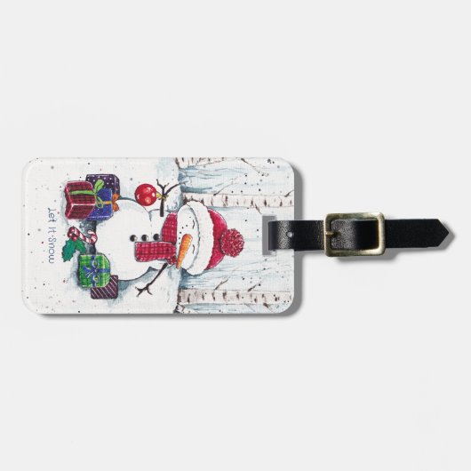 水彩画の贈り物を添えた雪だるま ラゲッジタグ (正面横)