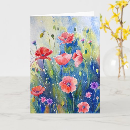 水彩画の赤いケシの挨拶状 カード (黄色い花)