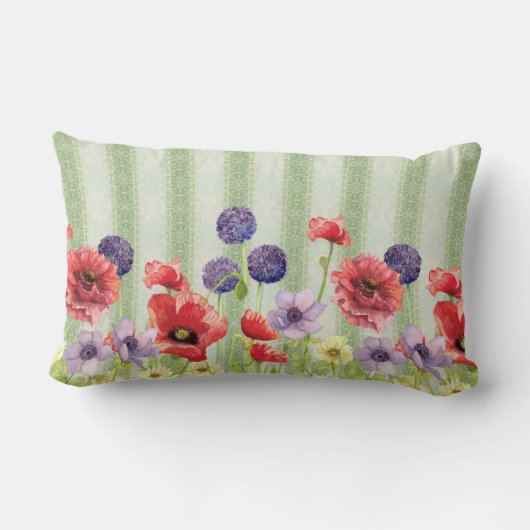 水彩画の赤いケシの野生の花のストライプの芸術のミント ランバークッション (裏面)