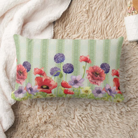 水彩画の赤いケシの野生の花のストライプの芸術のミント ランバークッション (ブランケット)