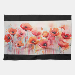 水彩画の赤いケシ キッチンタオル