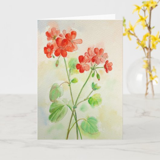 水彩画の赤いゼラニウムの挨拶状 カード (黄色い花)