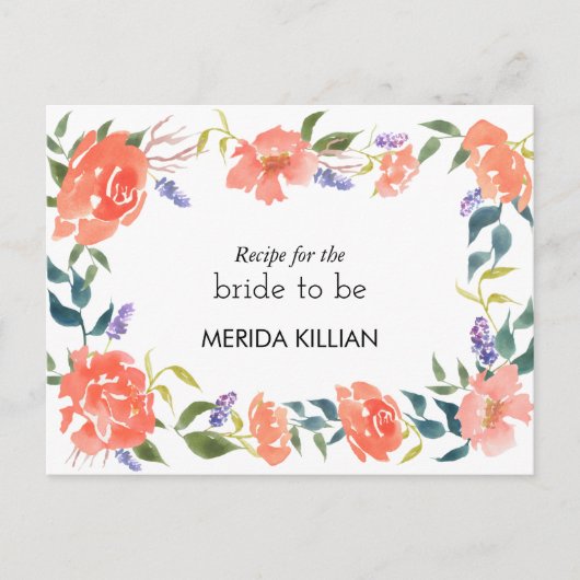水彩画の赤いバラによってはブライダルシャワーのレシピが開花します ポストカード (正面)